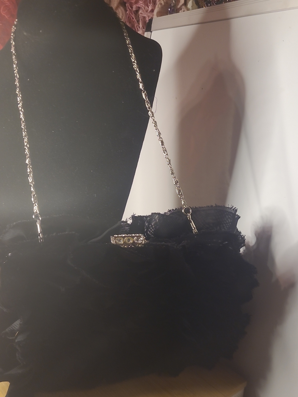 Vintage Black Layered Ruffle Evening Bag Clutch Silver Chain